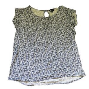 Jones New York Blue & White Dainty Floral Cap Ruffle Sleeve Blouse